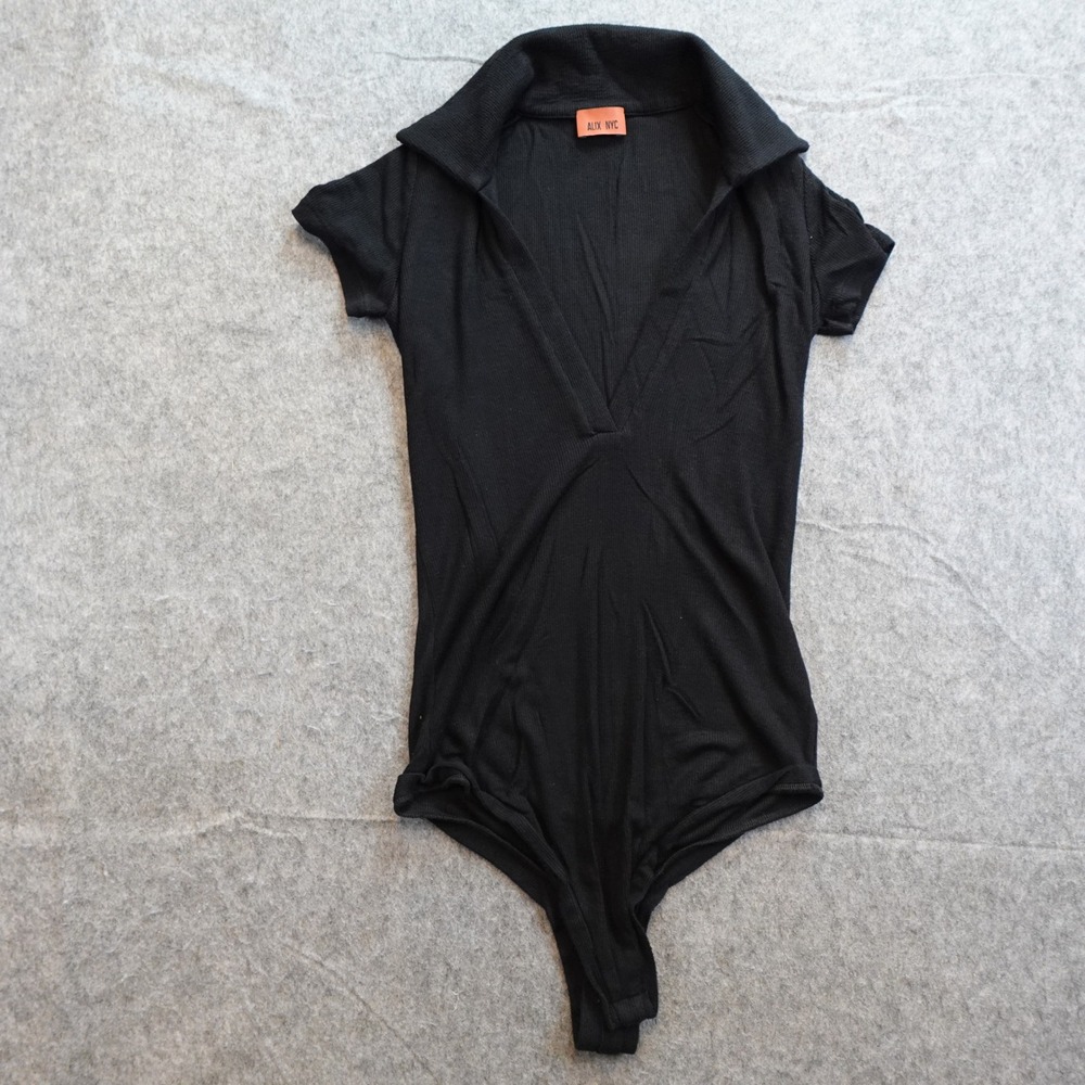 ALIX NYC Bodysuit Women Small Black Ribbed Short Sleeve V Neck Collared Stretch